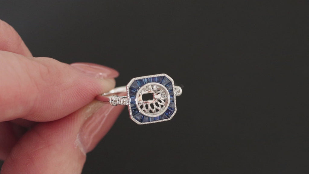 VINTAGE STYLE SAPPHIRE HALO ENGAGEMENT RING SETTING ROUND BEZEL MOUNT WHITE GOLD