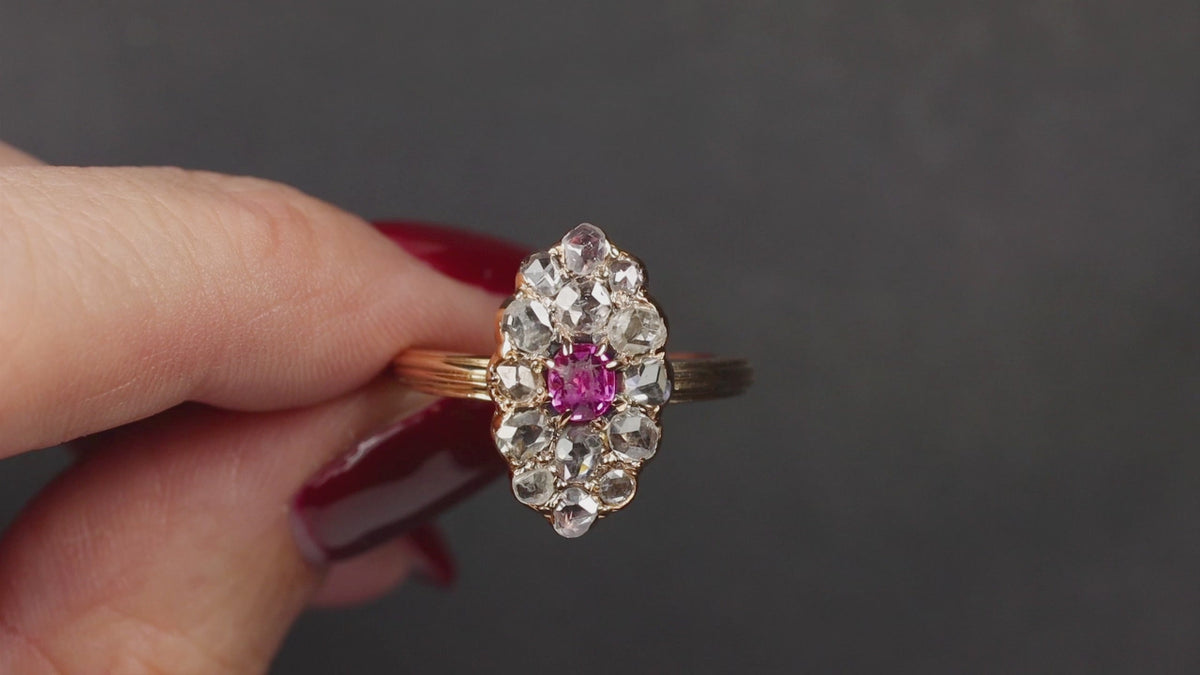 VICTORIAN ROSE CUT DIAMOND RUBY RING HALO NAVETTE COCKTAIL ANTIQUE 14k ROSE GOLD