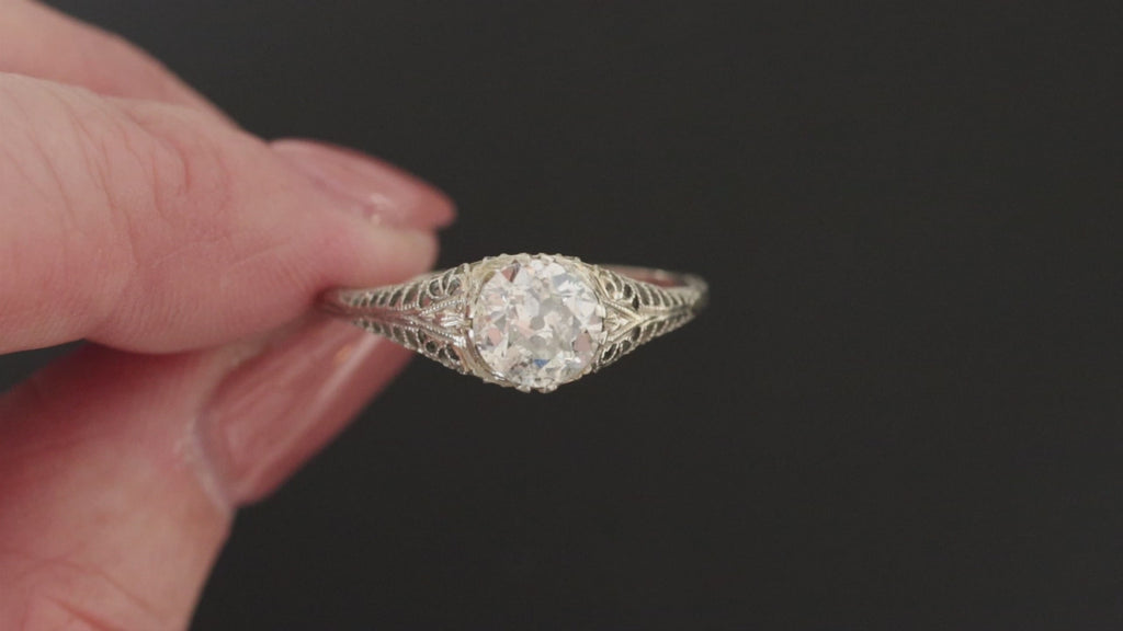 1 CARAT VINTAGE DIAMOND ENGAGEMENT RING OLD EUROPEAN CUT FILIGREE 18k WHITE GOLD