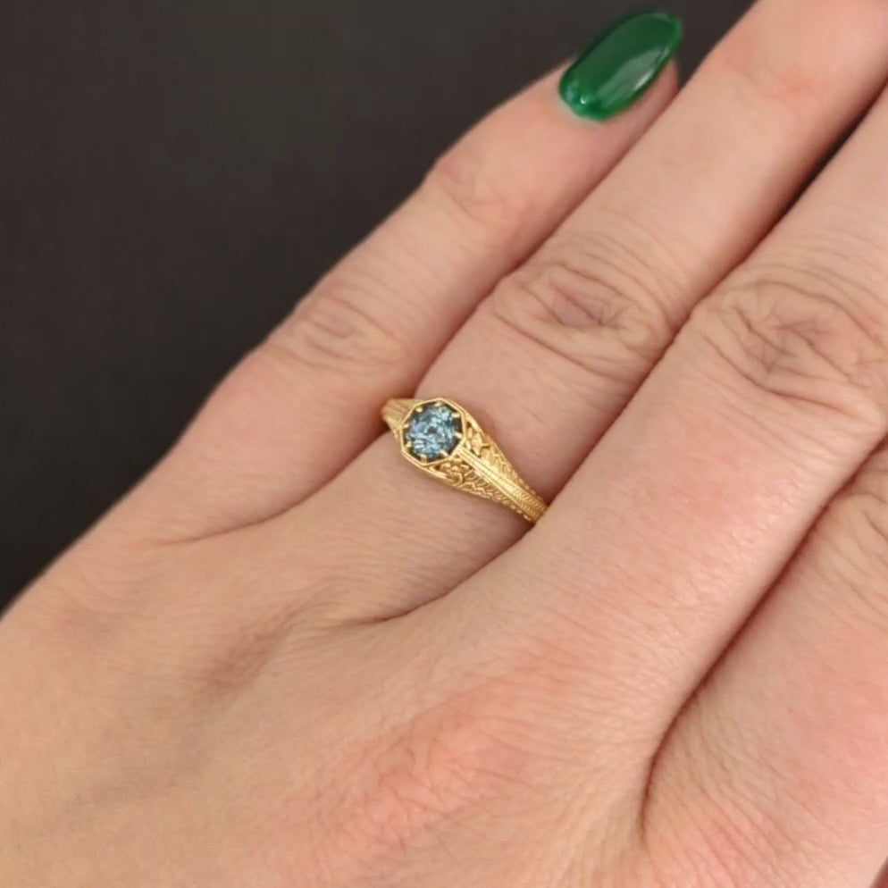 VINTAGE STYLE MONTANA SAPPHIRE SOLITAIRE RING NO HEAT 14k YELLOW GOLD FILIGREE