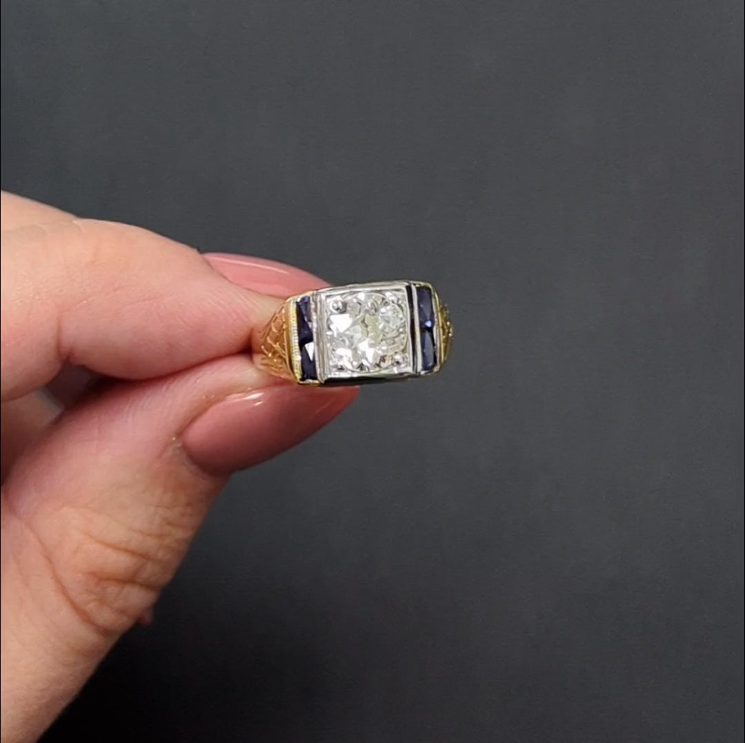 ART DECO DIAMOND RING CERTIFIED 1.36ct OLD EUROPEAN CUT VINTAGE SAPPHIRE MENS