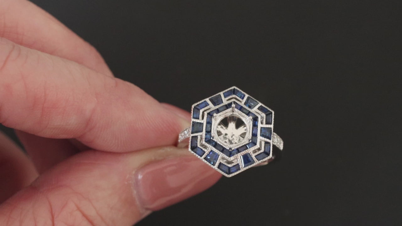 SAPPHIRE COCKTAIL RING SETTING 6.5m ROUND MOUNT HEXAGON GEOMETRIC PLATINUM
