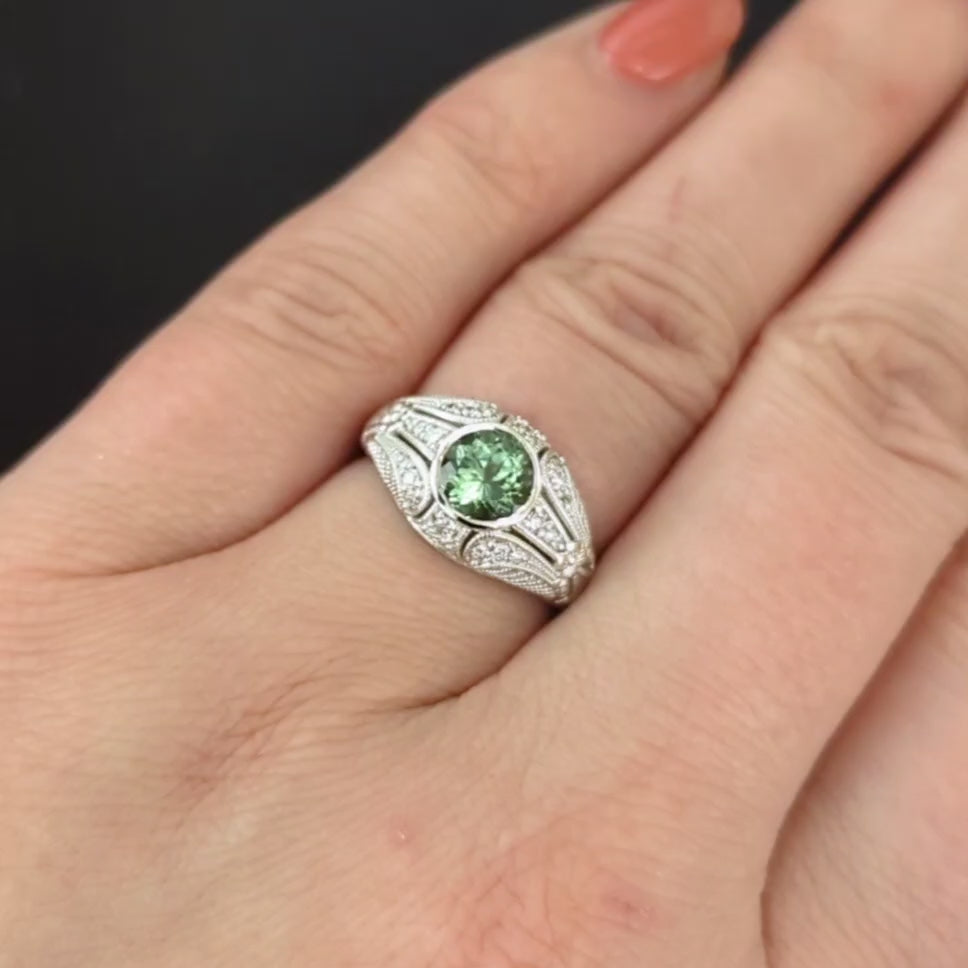 GREEN TOURMALINE DIAMOND VINTAGE STYLE COCKTAIL RING DOME FLORAL 14k WHITE GOLD
