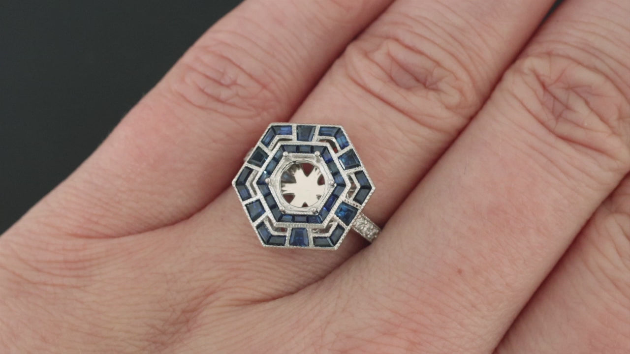 SAPPHIRE COCKTAIL RING SETTING 6.5m ROUND MOUNT HEXAGON GEOMETRIC PLATINUM