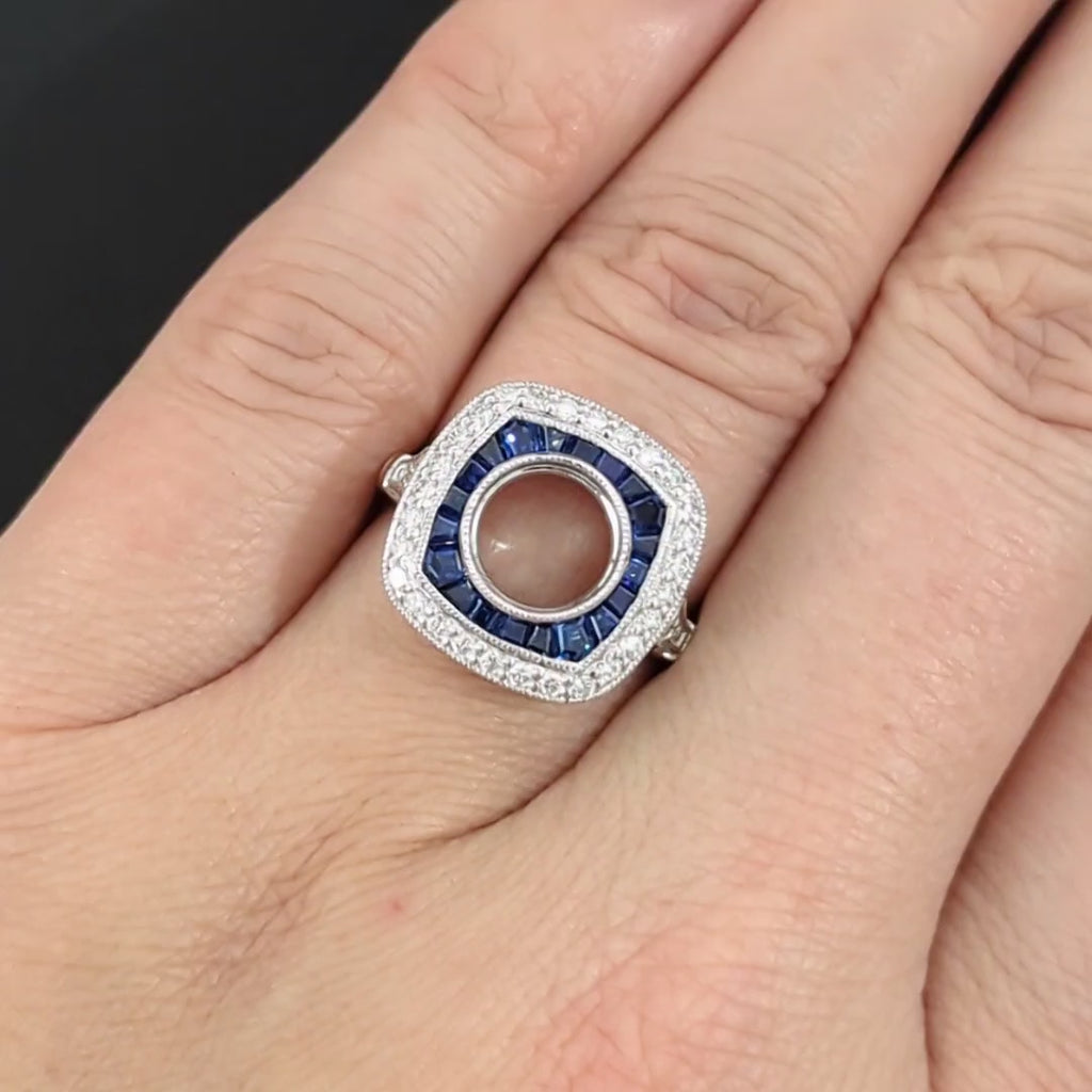 SAPPHIRE DIAMOND 8mm ROUND RING SETTING VINTAGE STYLE CUSHION HALO MOUNT BEZEL