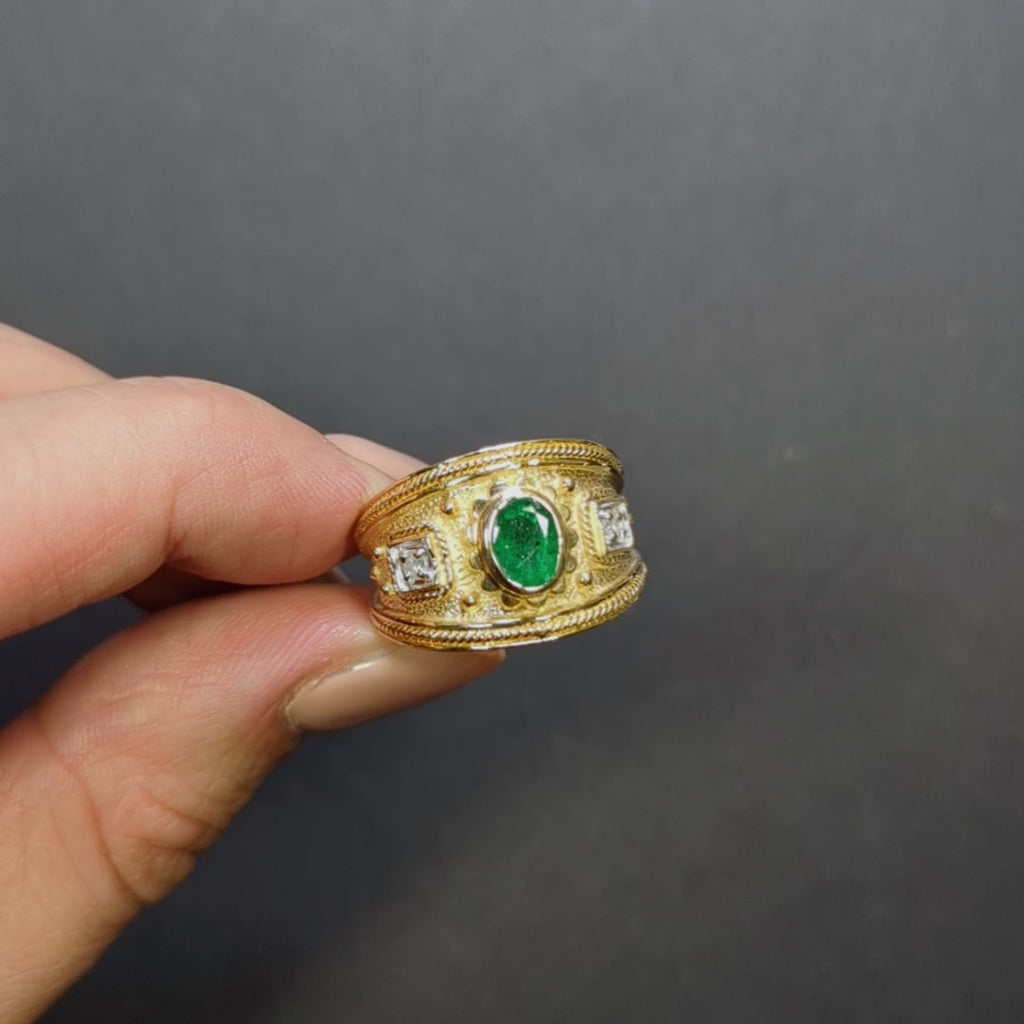 EMERALD DIAMOND WIDE BAND RING 14k YELLOW GOLD 7.7gm NATURAL OVAL MENS COCKTAIL