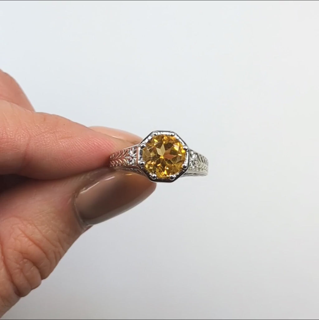CITRINE STERLING SILVER RING VINTAGE STYLE ART DECO SOLITAIRE ROUND CUT YELLOW
