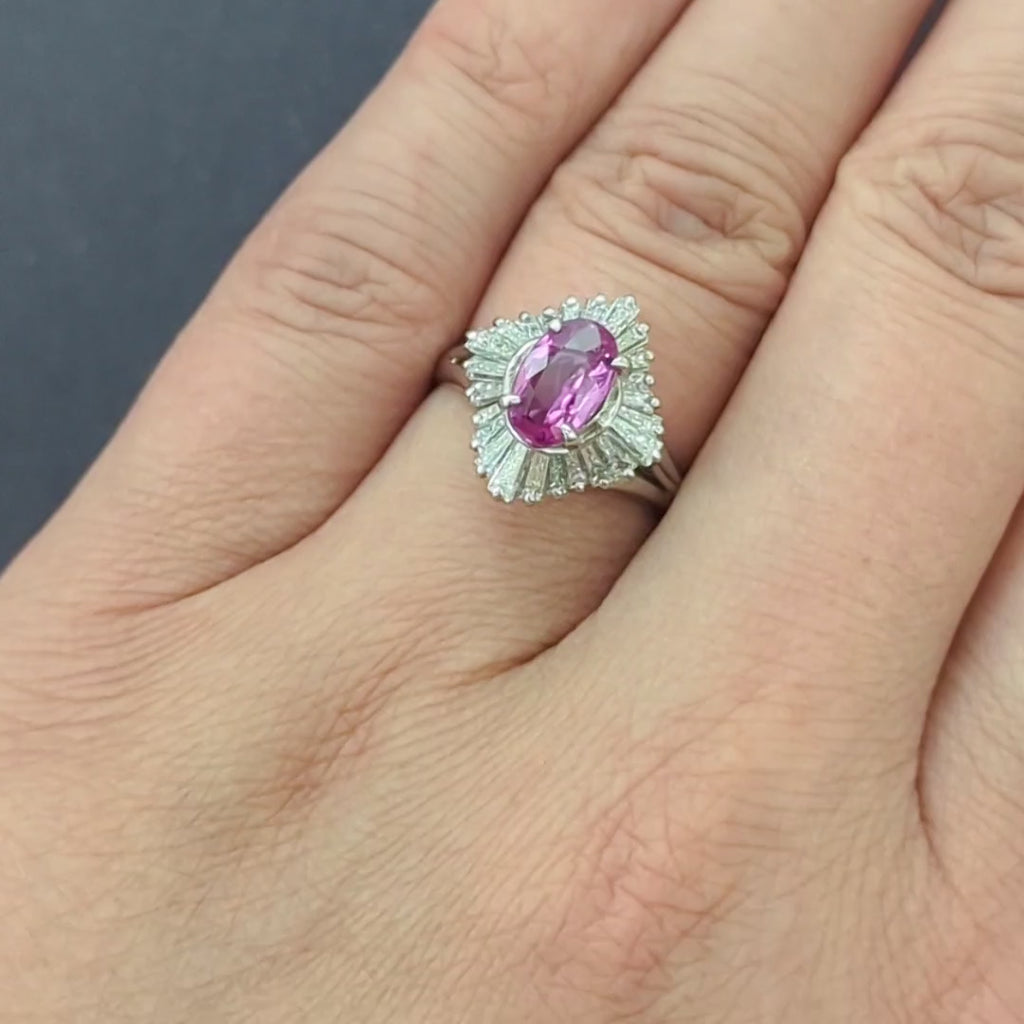 2.65ctw PINK SAPPHIRE DIAMOND COCKTAIL RING PLATINUM OVAL SHAPE BALLERINA HALO