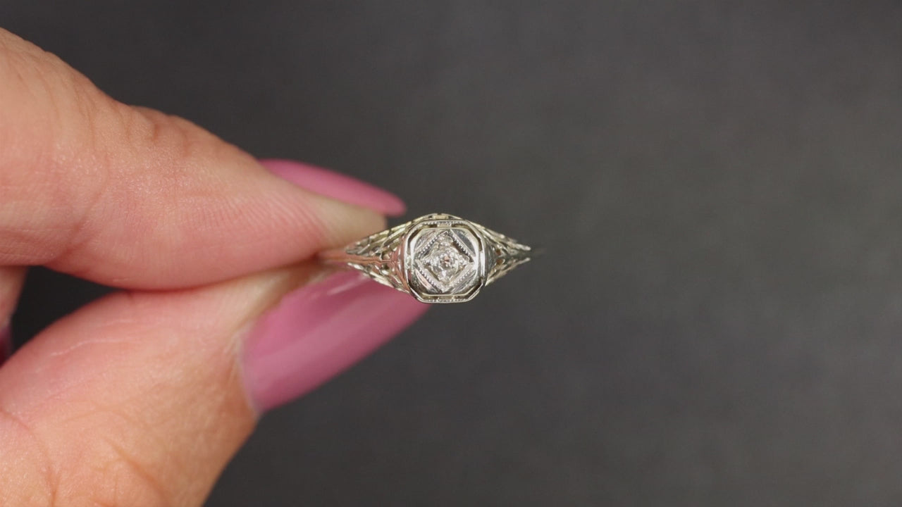 VINTAGE DIAMOND SOLITAIRE RING OLD EUROPEAN CUT 18K WHITE GOLD FILIGREE DAINTY