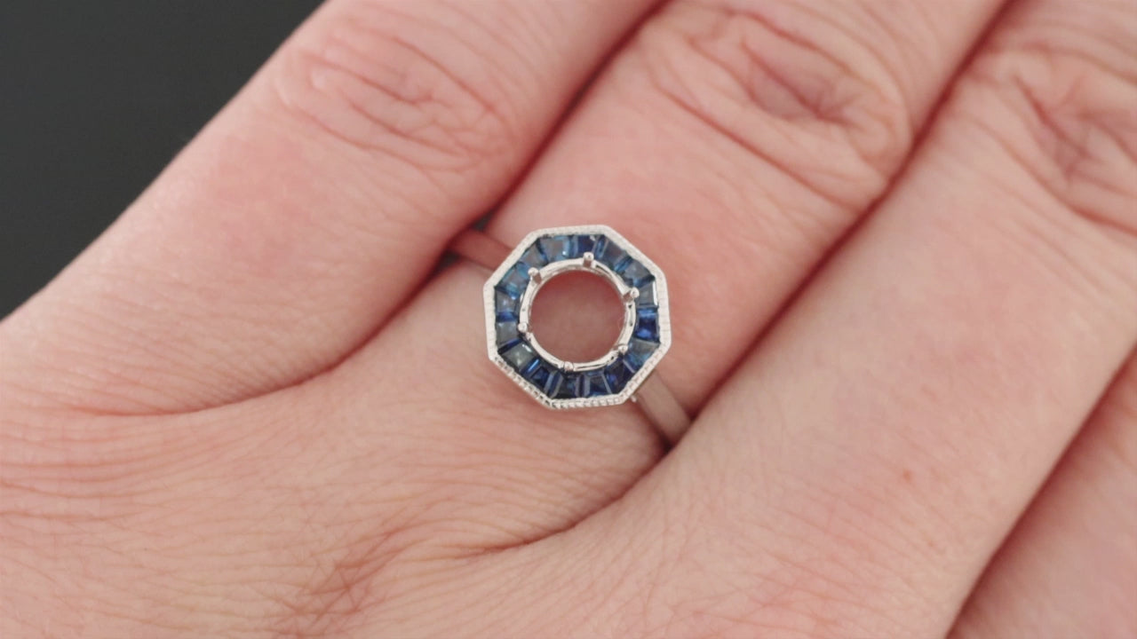 VINTAGE STYLE SAPPHIRE HALO ENGAGEMENT RING SETTING 6mm ROUND MOUNT PLATINUM