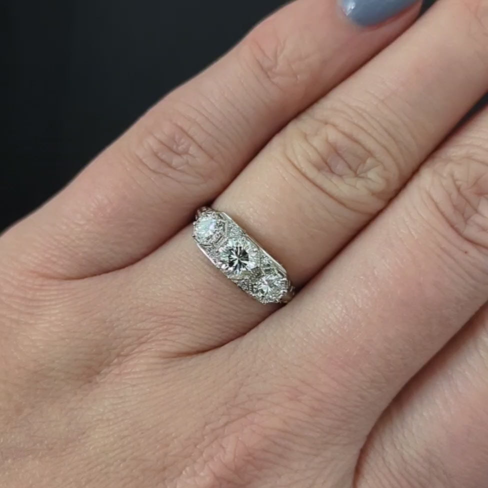 1.35ct VINTAGE STYLE DIAMOND ENGAGEMENT RING PLATINUM 3 STONE ROUND CUT ART DECO