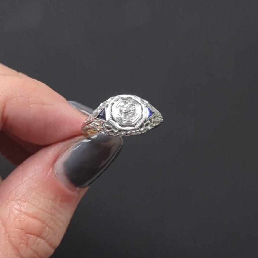 ART DECO DIAMOND ENGAGEMENT RING SAPPHIRE 18k WHITE GOLD FILIGREE OLD EUROPEAN