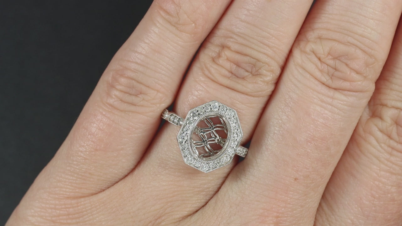 DIAMOND HALO RING SETTING ART DECO STYLE SEMI MOUNT VINTAGE OVAL 14k WHITE GOLD