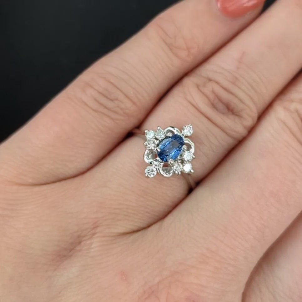 SAPPHIRE DIAMOND COCKTAIL RING 14k WHITE GOLD NATURAL CLUSTER HALO BALLERINA