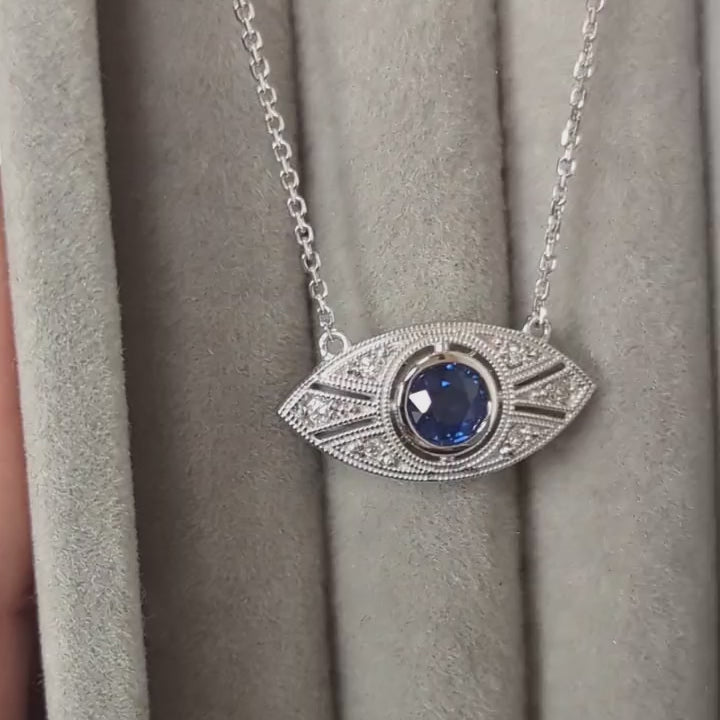 VINTAGE STYLE SAPPHIRE DIAMOND PENDANT ART DECO 18in NECKLACE ROUND PLATINUM