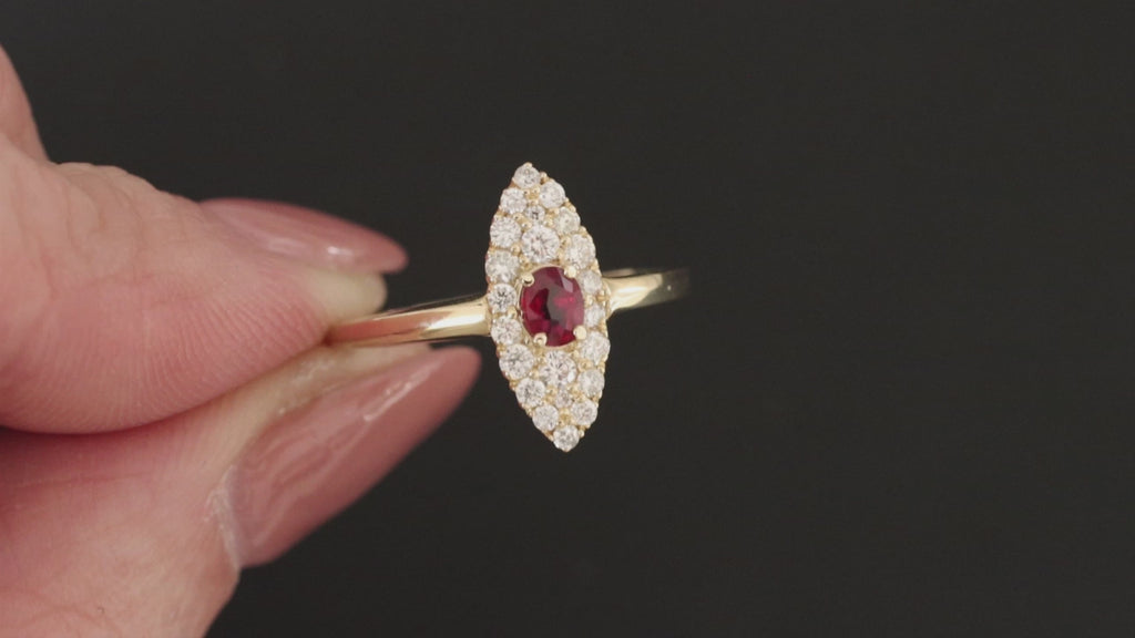 RUBY DIAMOND NAVETTE RING VINTAGE STYLE COCKTAIL ENGAGEMENT MARQUISE 14k GOLD