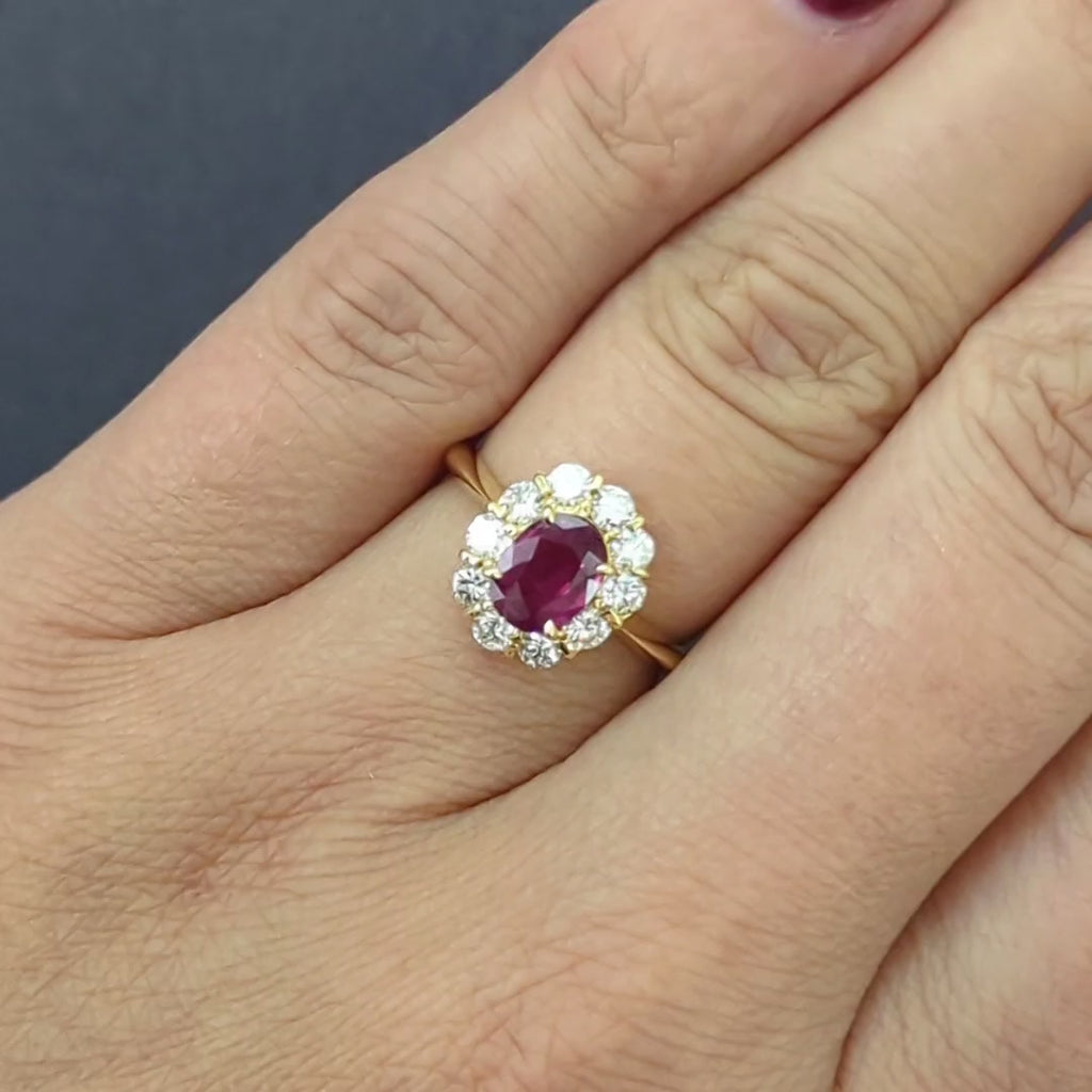 1.82ct RUBY DIAMOND COCKTAIL RING 18k YELLOW GOLD HALO OVAL SHAPE CUT NATURAL