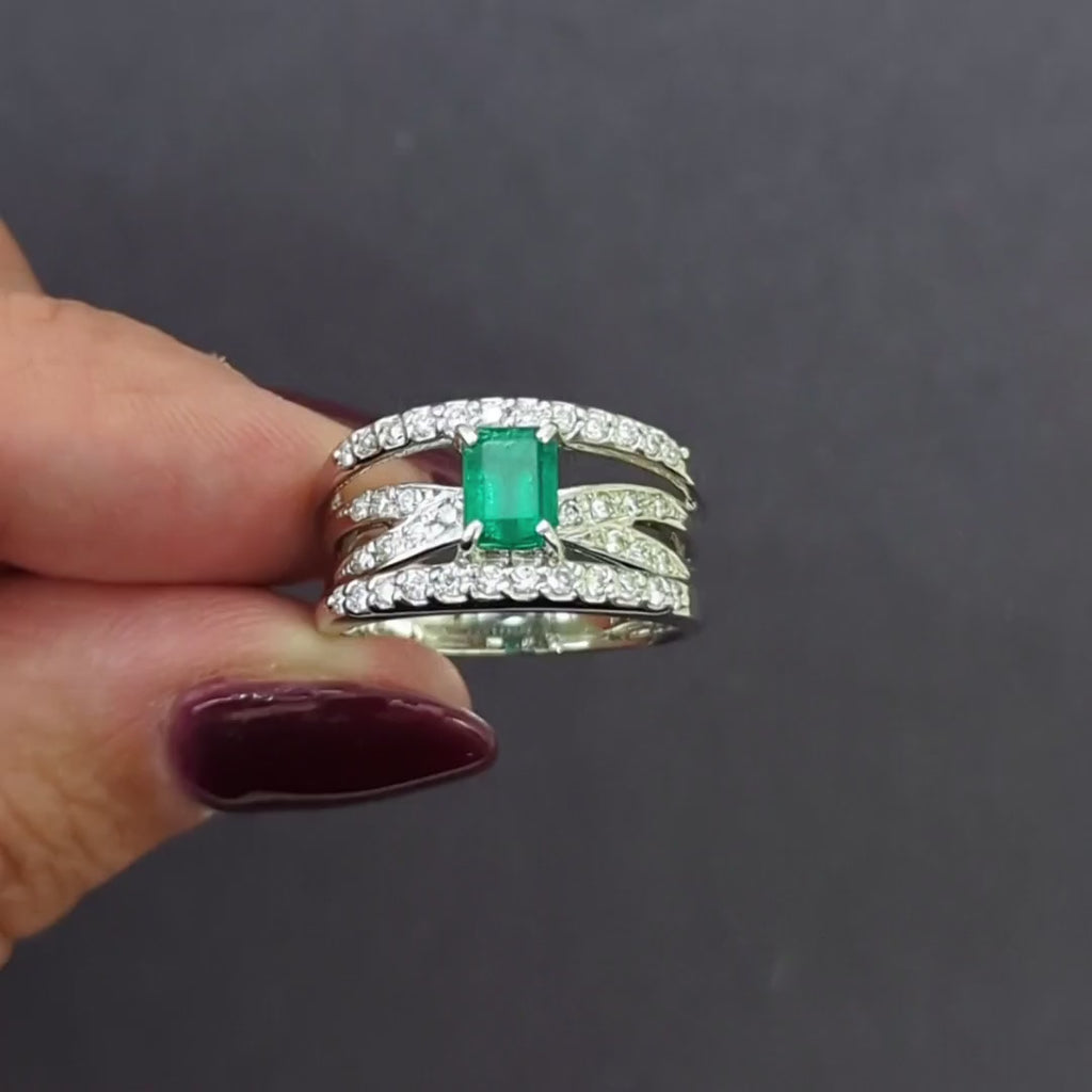 COLOMBIAN EMERALD DIAMOND COCKTAIL RING PLATINUM WIDE BAND CRISS CROSS NATURAL