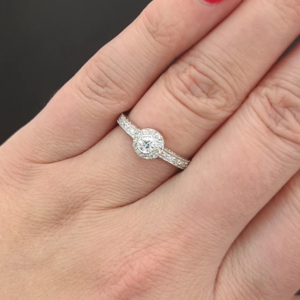 NATURAL DIAMOND ENGAGEMENT RING VINTAGE STYLE HALO 14k WHITE GOLD ROUND CUT