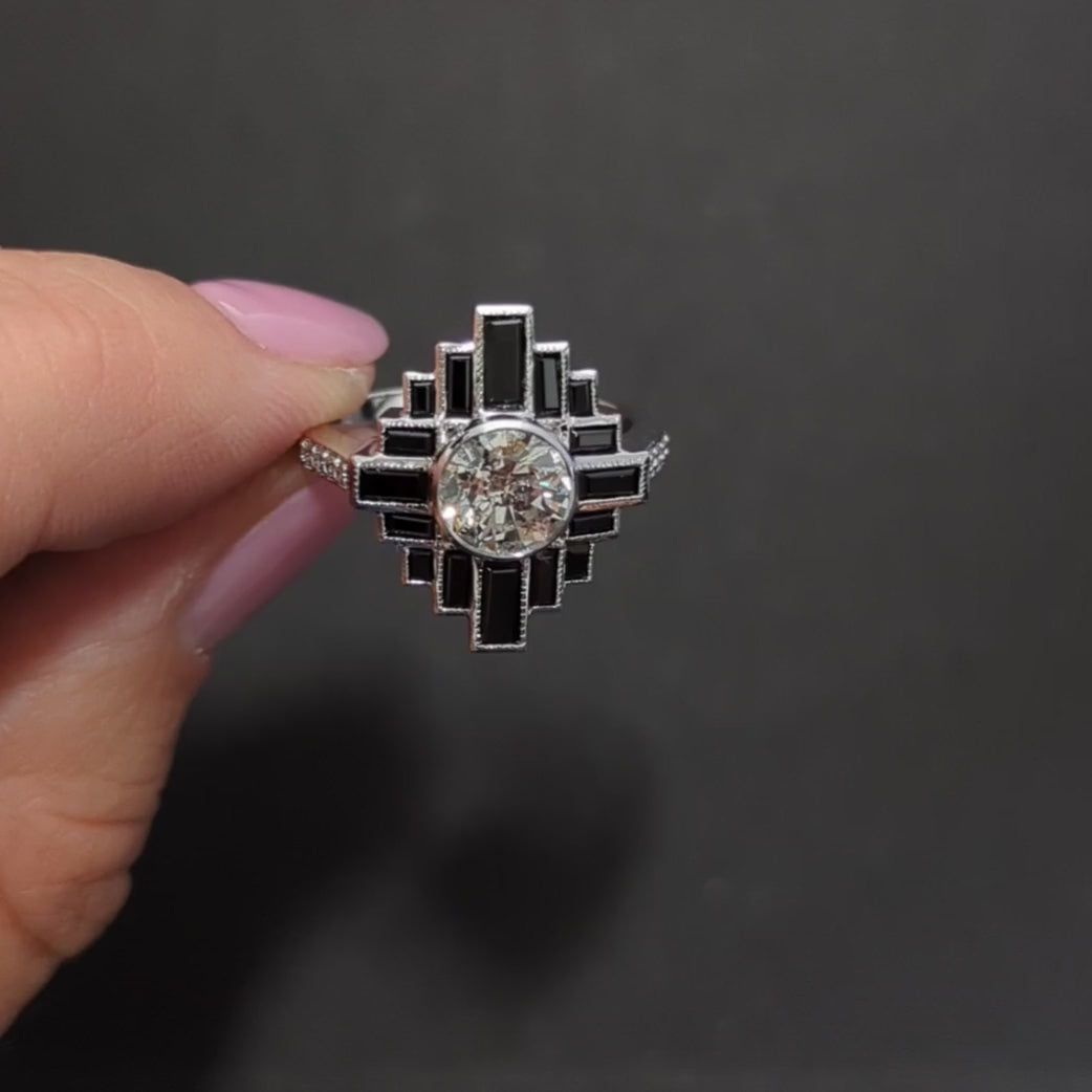1CT NATURAL DIAMOND BLACK ONYX COCKTAIL RING VINTAGE STYLE ART DECO GEOMETRIC