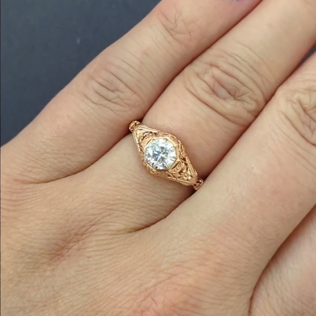 VINTAGE STYLE DIAMOND SOLITAIRE RING 0.80ct ROSE GOLD FILIGREE FLORAL ENGAGEMENT