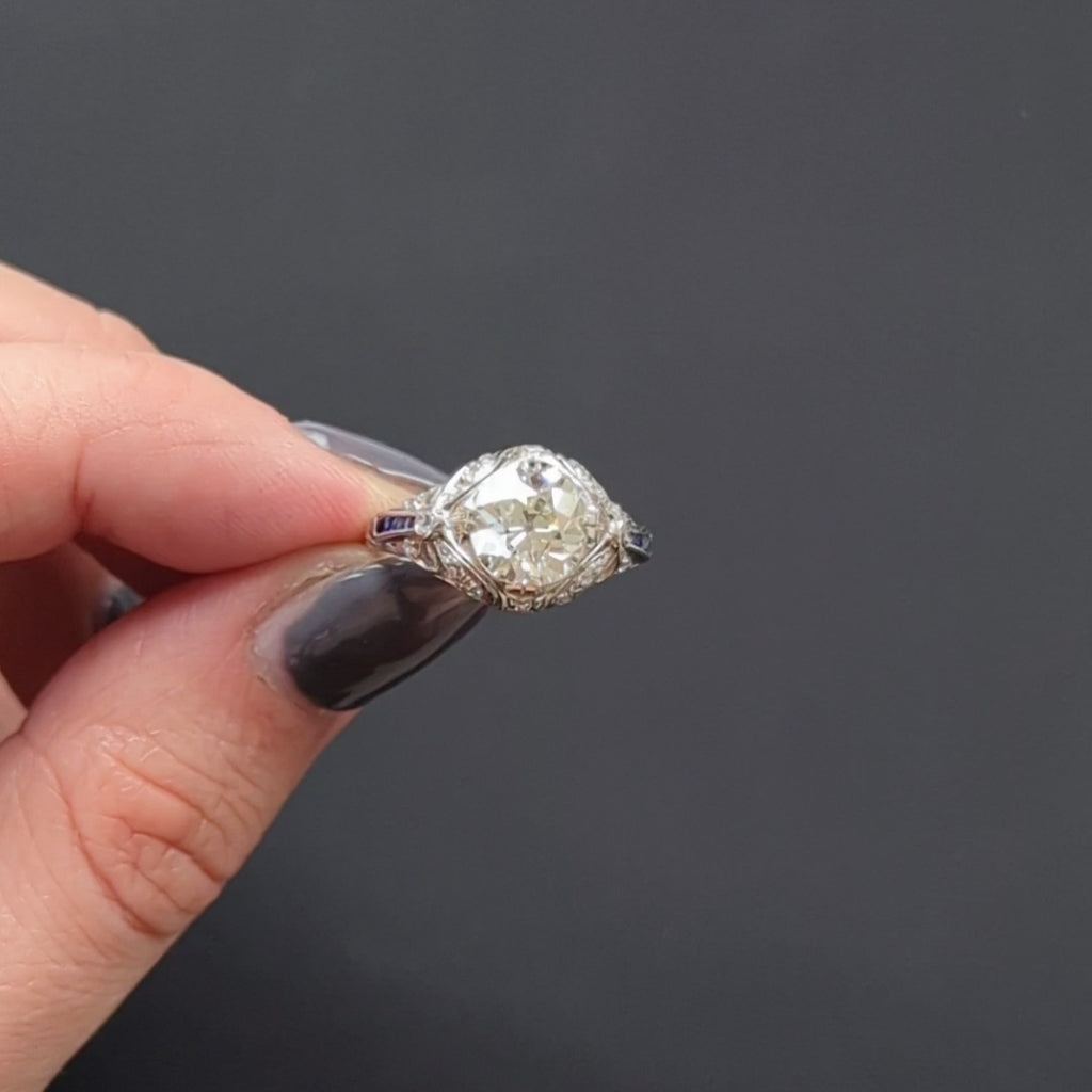 ART DECO VINTAGE DIAMOND ENGAGEMENT RING 2ct OLD EUROPEAN CUT PLATINUM SAPPHIRE