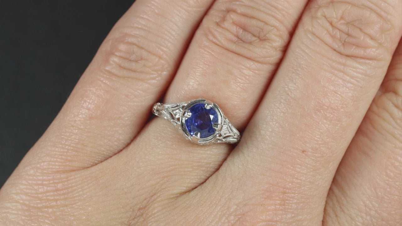 1.17ct NATURAL BLUE SAPPHIRE FLORAL FILIGREE SOLITAIRE RING VINTAGE STYLE GOLD
