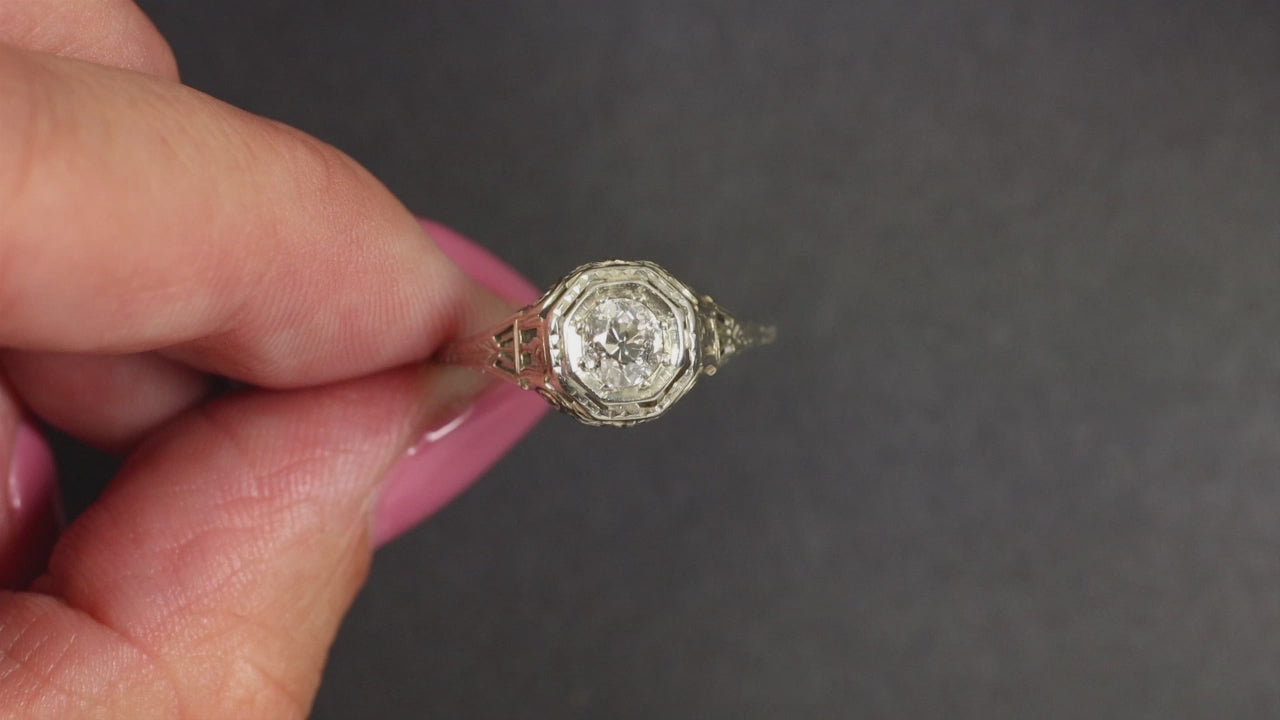 ART DECO DIAMOND SOLITAIRE ENGAGEMENT RING OLD MINE CUT 18K VINTAGE FILIGREE