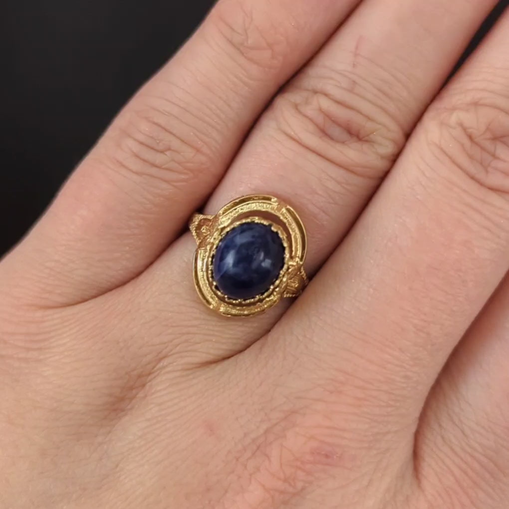 VINTAGE FLIP RING LAPIS LAZULI JADE 10k YELLOW GOLD BLUE GREEN FIDGET COCKTAIL