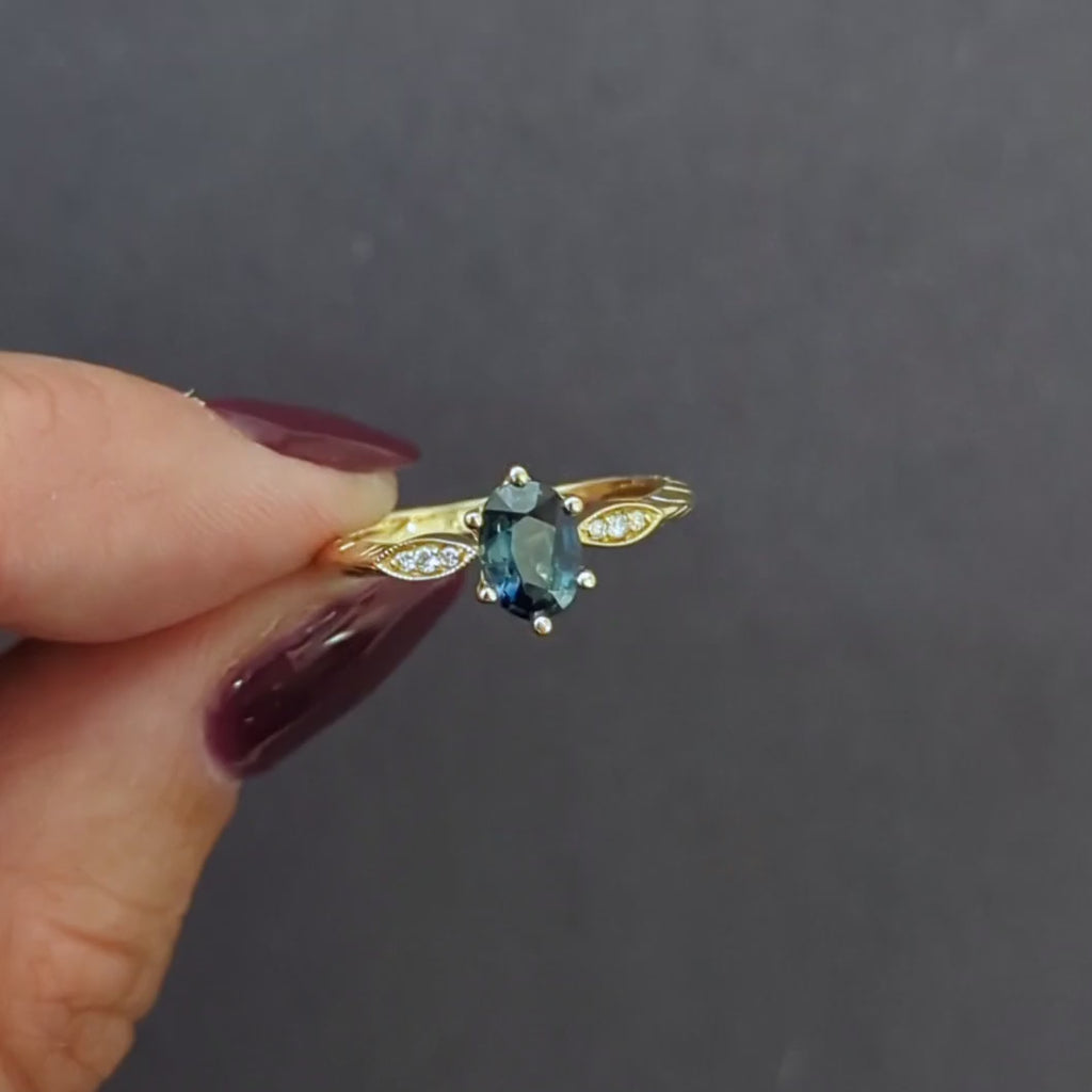 NO HEAT SAPPHIRE DIAMOND COCKTAIL RING TEAL OVAL CUT NATURAL 14k YELLOW GOLD