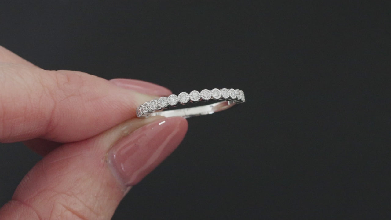 VINTAGE STYLE DIAMOND WEDDING RING PLATINUM DAINTY BAND MILGRAIN BEZEL