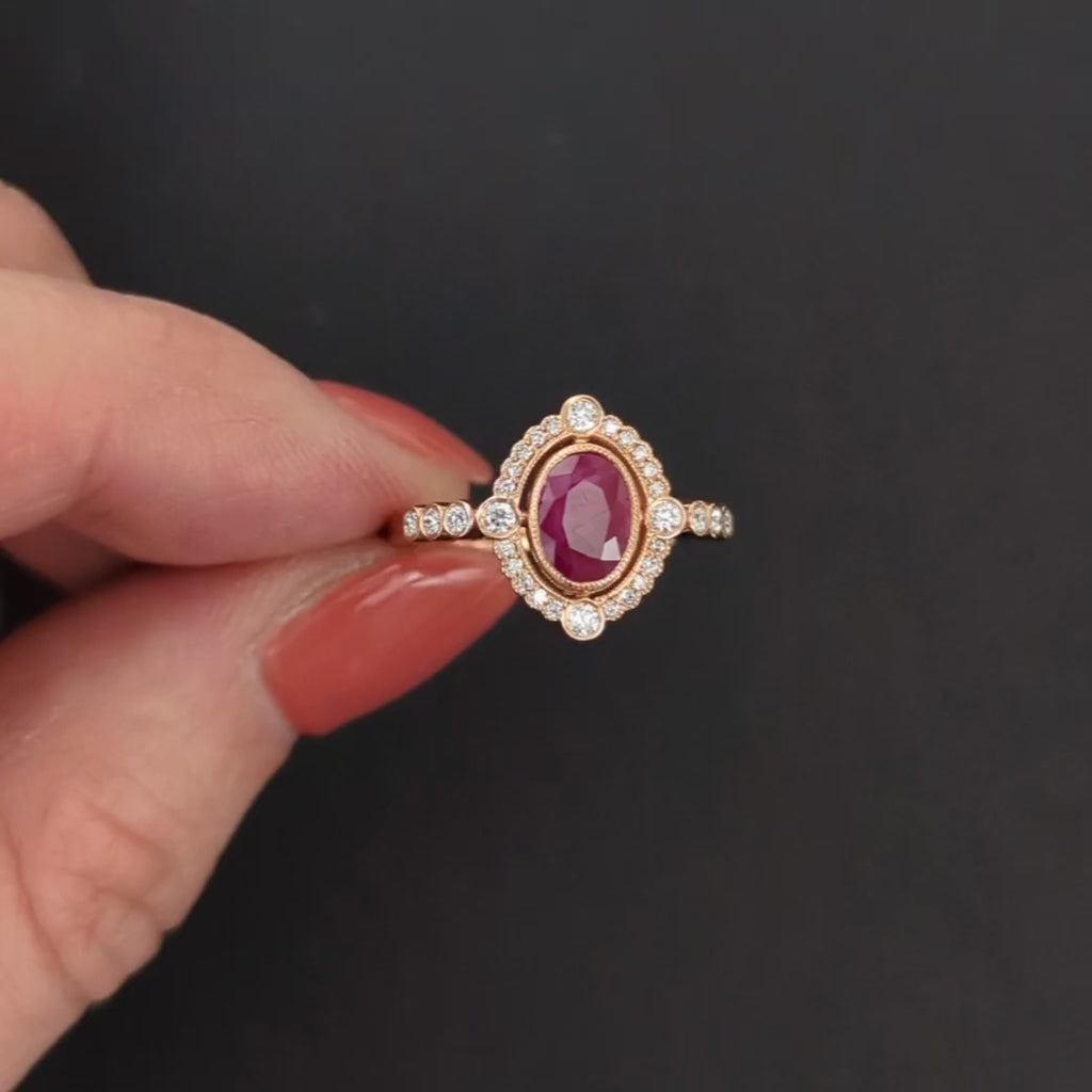 RUBY DIAMOND COCKTAIL RING VINTAGE STYLE SCALLOPED HALO 14k ROSE GOLD NATURAL