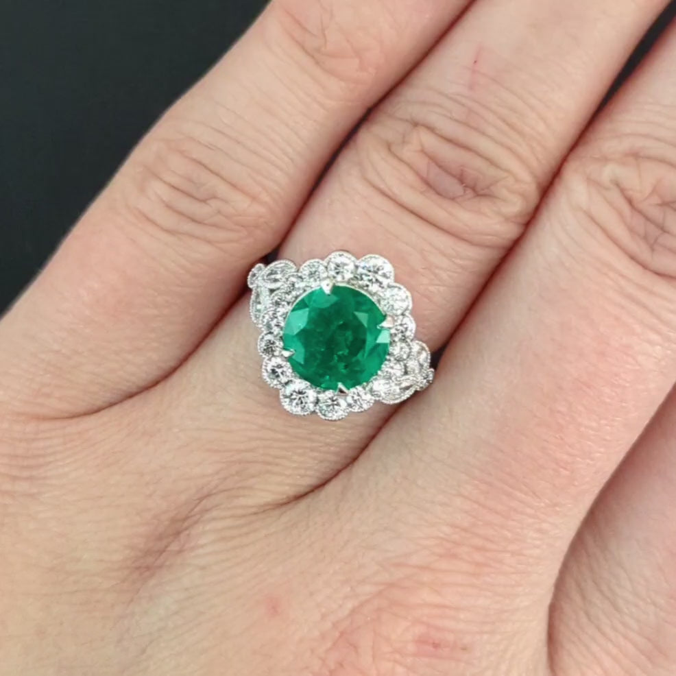 3.41ct EMERALD DIAMOND COCKTAIL RING VINTAGE STYLE SCALLOPED HALO 14k WHITE GOLD