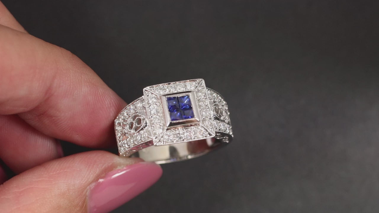 SAPPHIRE DIAMOND COCKTAIL RING 6.9 gram18k WHITE GOLD CLUSTER HALO NATURAL BIG