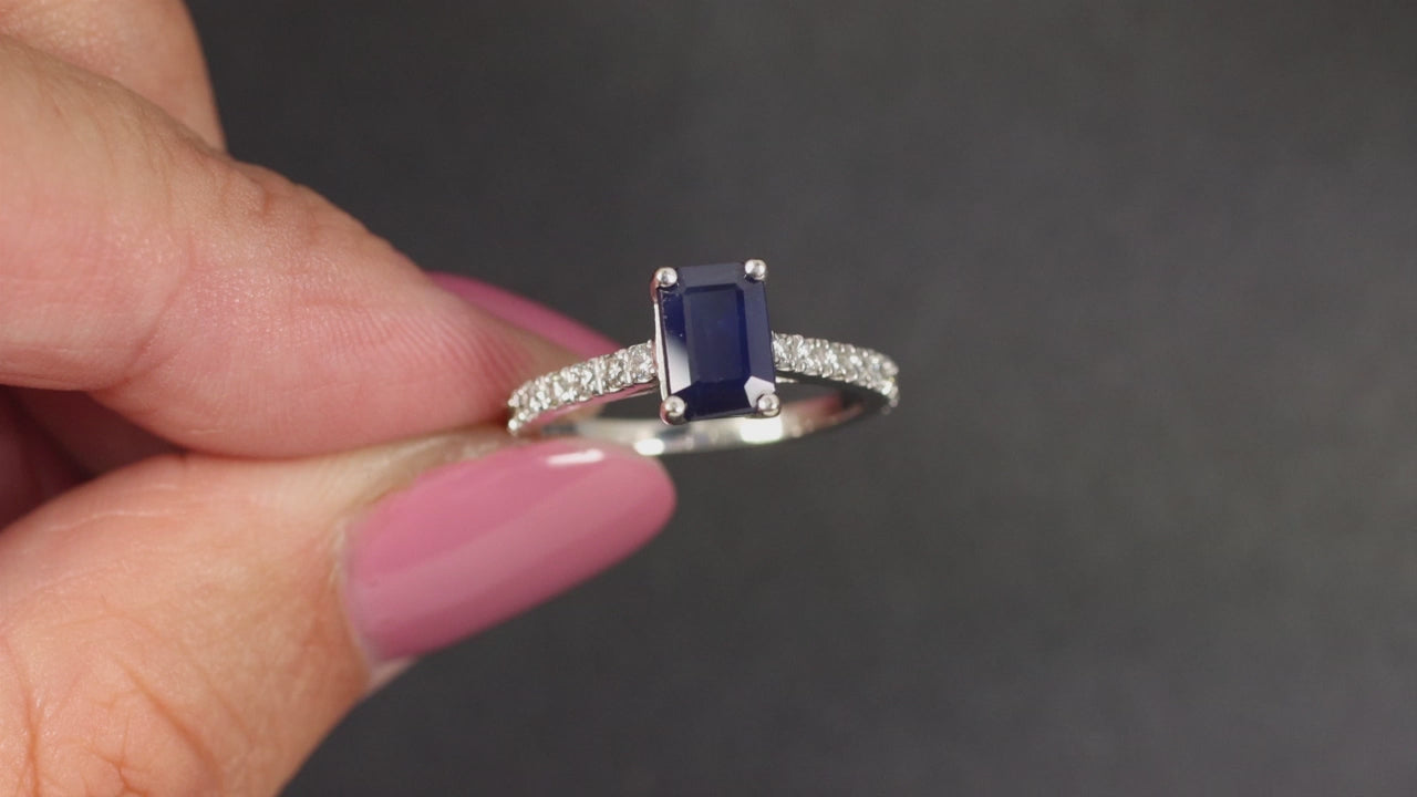 1 CARAT SAPPHIRE DIAMOND RING 14k WHITE GOLD EMERALD CUT NATURAL ENGAGEMENT BLUE