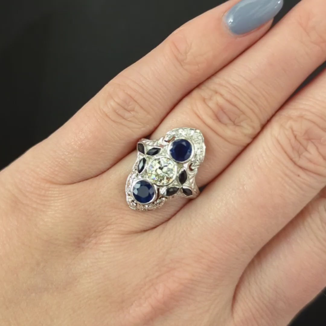 ART DECO DIAMOND SAPPHIRE RING 0.90ct OLD EUROPEAN CUT 18k WHITE GOLD VINTAGE