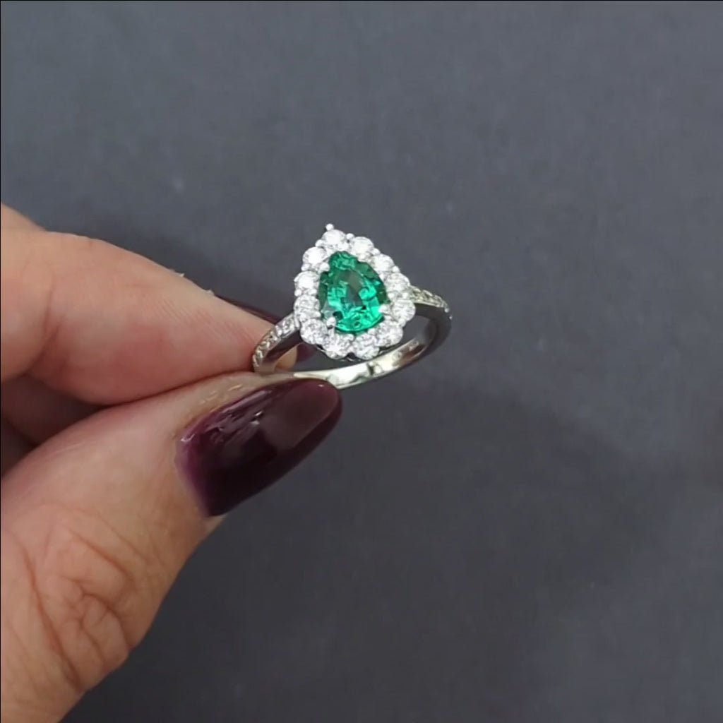 1ct EMERALD DIAMOND COCKTAIL RING GIA CERTIFIED PEAR SHAPE HALO 14k WHITE GOLD