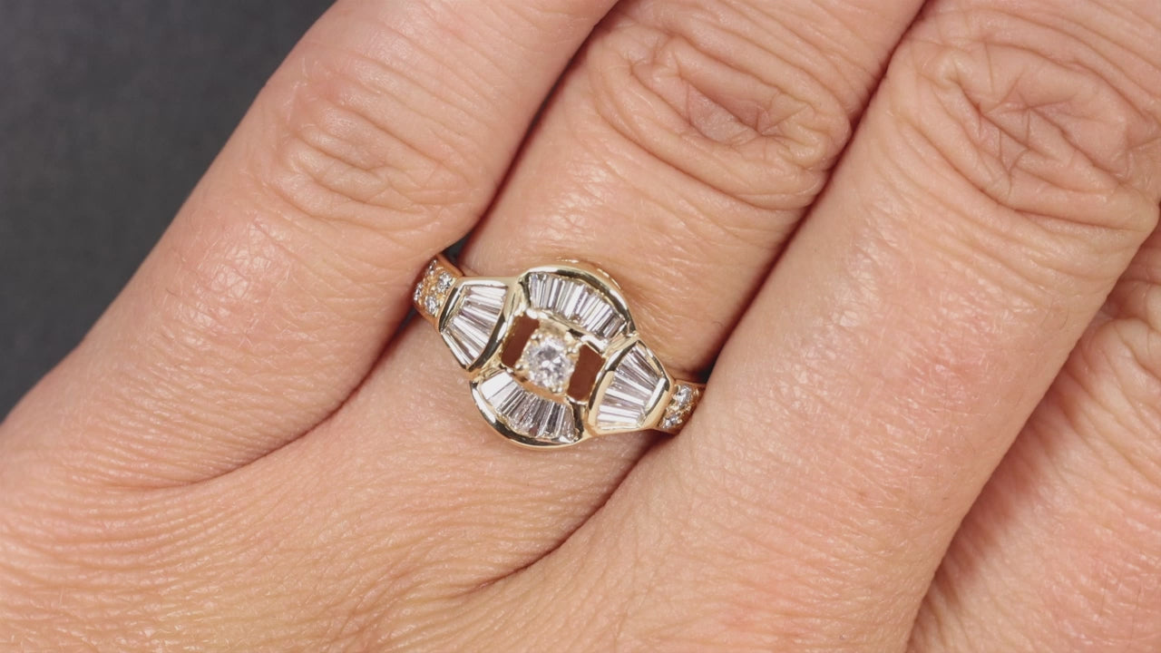 1 CARAT DIAMOND COCKTAIL RING 14k YELLOW GOLD BAGUETTE HALO CLUSTER NATURAL 1ct