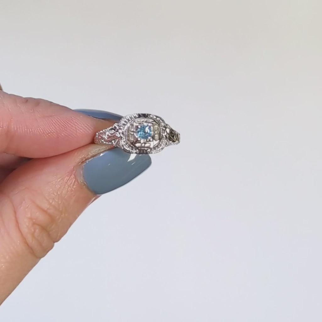AQUAMARINE STERLING SILVER VINTAGE STYLE COCKTAIL RING FILIGREE DAINTY ROUND