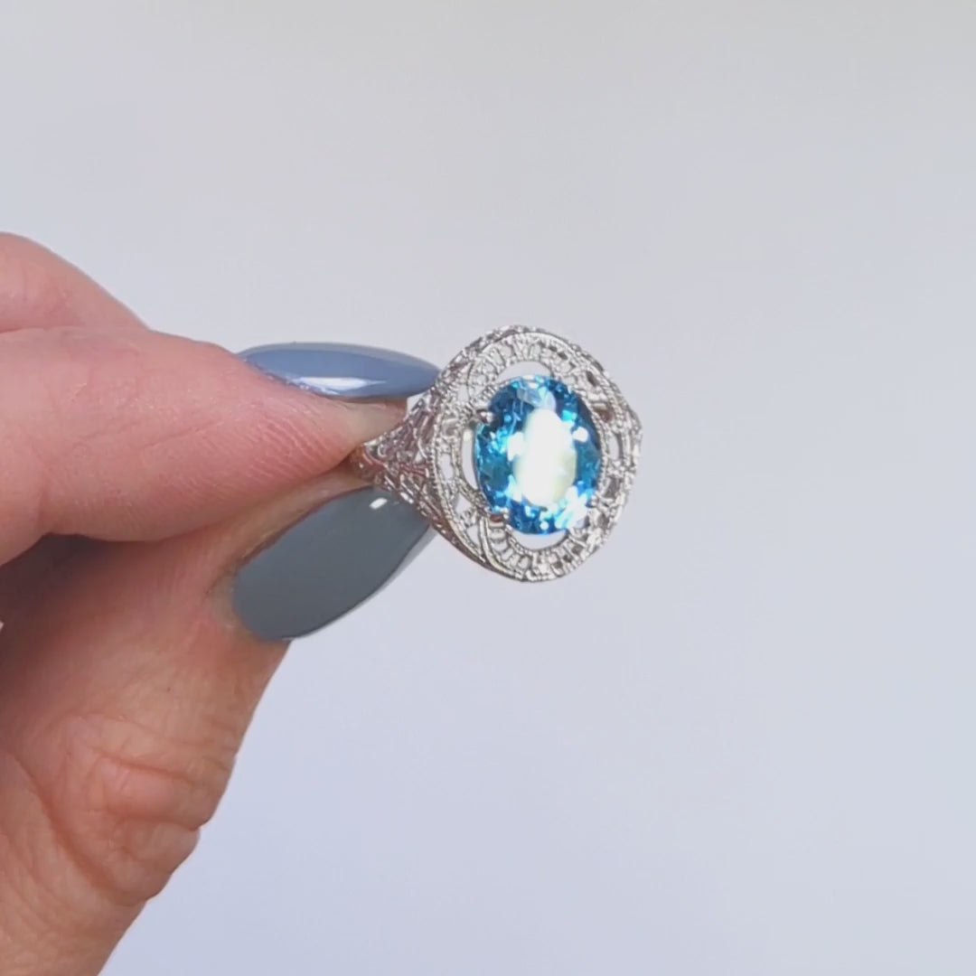 LONDON BLUE TOPAZ STERLING SILVER RING VINTAGE STYLE OVAL CUT GEMSTONE FILIGREE