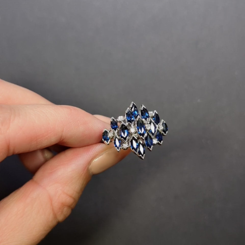 VINTAGE SAPPHIRE DIAMOND COCKTAIL RING 3ct CLUSTER STATEMENT NATURAL WHITE GOLD