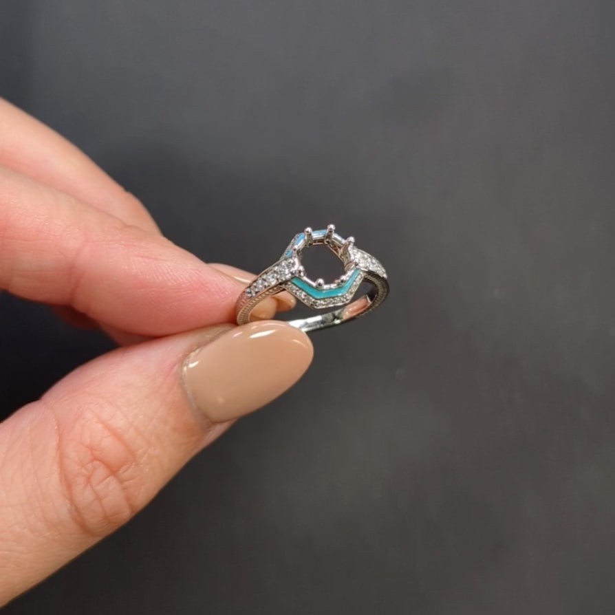 DIAMOND ENAMEL RING SETTING 6.5mm MOUNT VINTAGE STYLE ART DECO 14k WHITE GOLD
