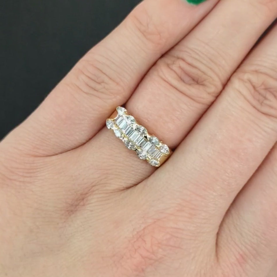 1.5 CARAT DIAMOND COCKTAIL BAND BAGUETTE MARQUISE 3 ROW 14k YELLOW GOLD NATURAL