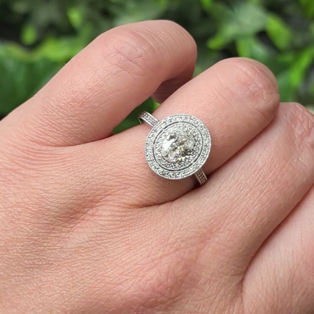 1.35ct GIA CERTIFIED H SI1 OVAL CUT DIAMOND ENGAGEMENT RING DOUBLE HALO COCKTAIL