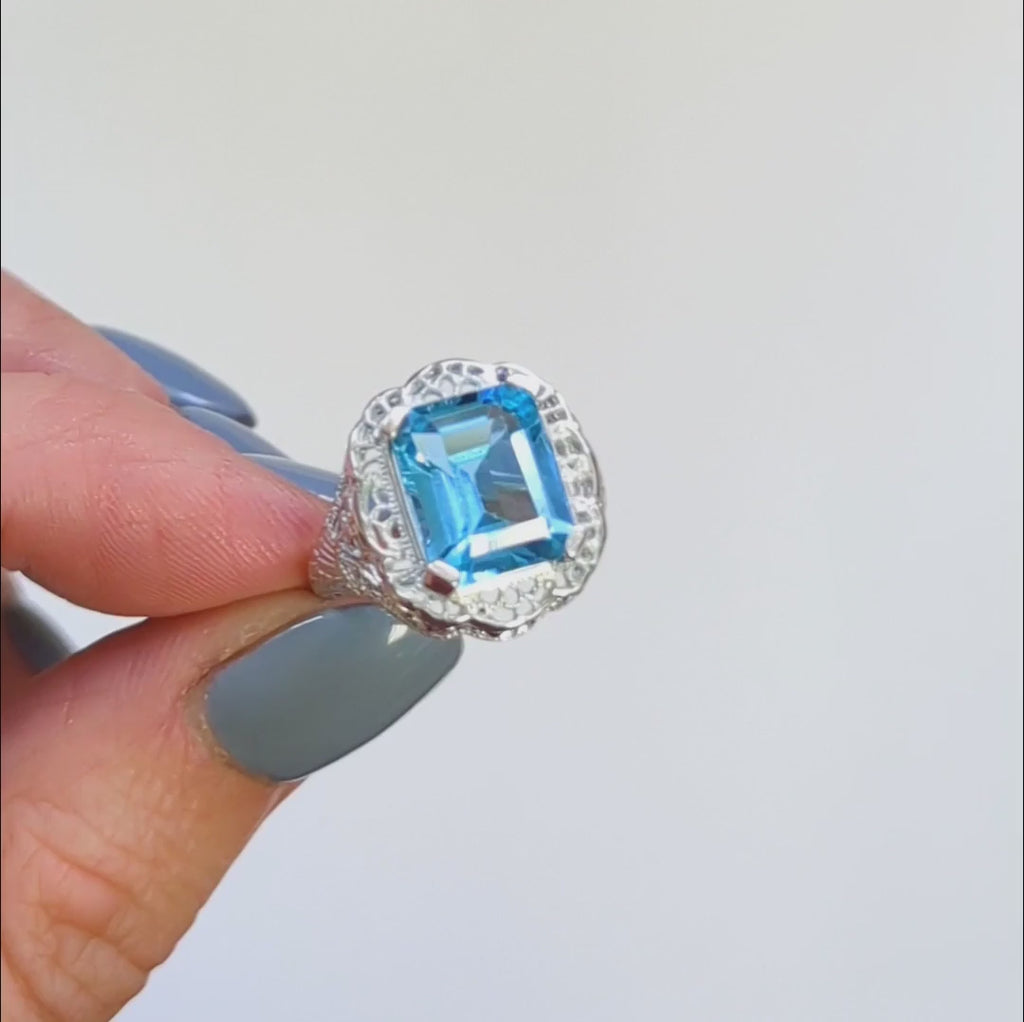 SWISS BLUE TOPAZ STERLING SILVER RING VINTAGE STYLE DECO FILIGREE EMERALD CUT