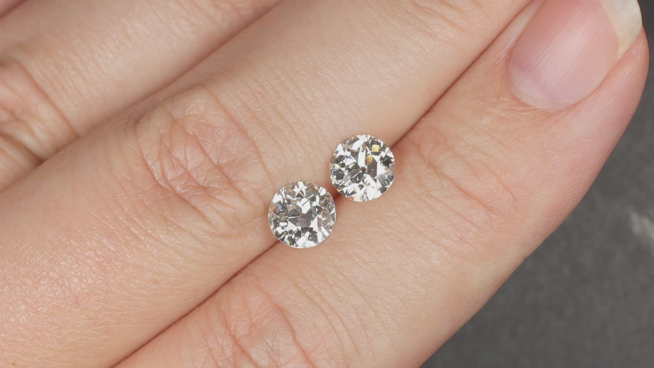 1.92ct OLD EUROPEAN CUT DIAMOND STUD EARRINGS VINTAGE MATCHING PAIR ESTATE 2ct