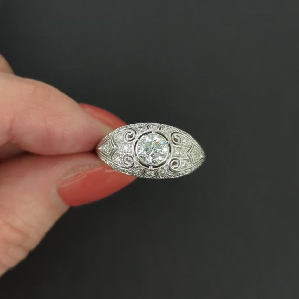 VINTAGE STYLE DIAMOND ENGAGEMENT RING 14k WHITE GOLD COCKTAIL DOMED FILIGREE