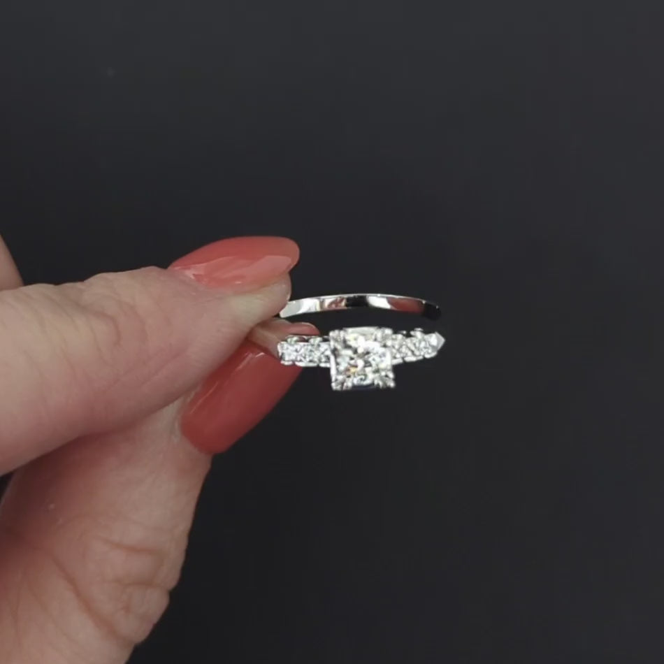 VINTAGE DIAMOND ENGAGEMENT RING OLD EUROPEAN CUT 14k WHITE GOLD CLASSIC ESTATE