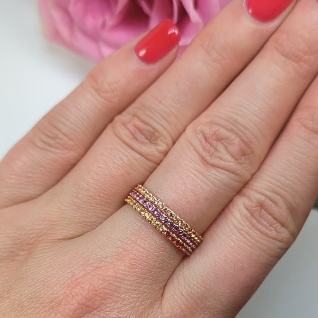 3 RING GIFT SET 14k ROSE GOLD ETERNITY BAND ORANGE SAPPHIRE RHODOLITE GARNET