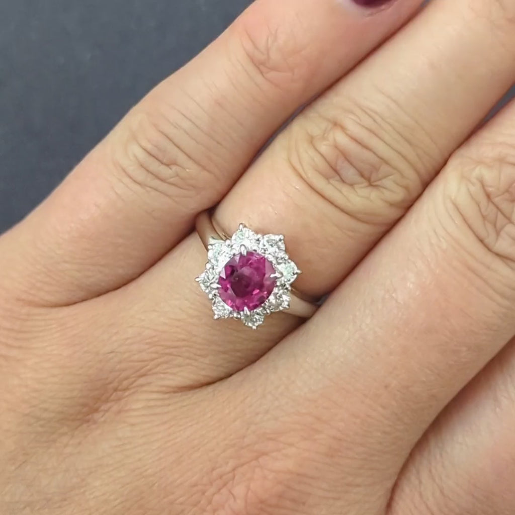 2.47ct PINK SAPPHIRE DIAMOND COCKTAIL RING VINTAGE PLATINUM HALO OVAL NATURAL